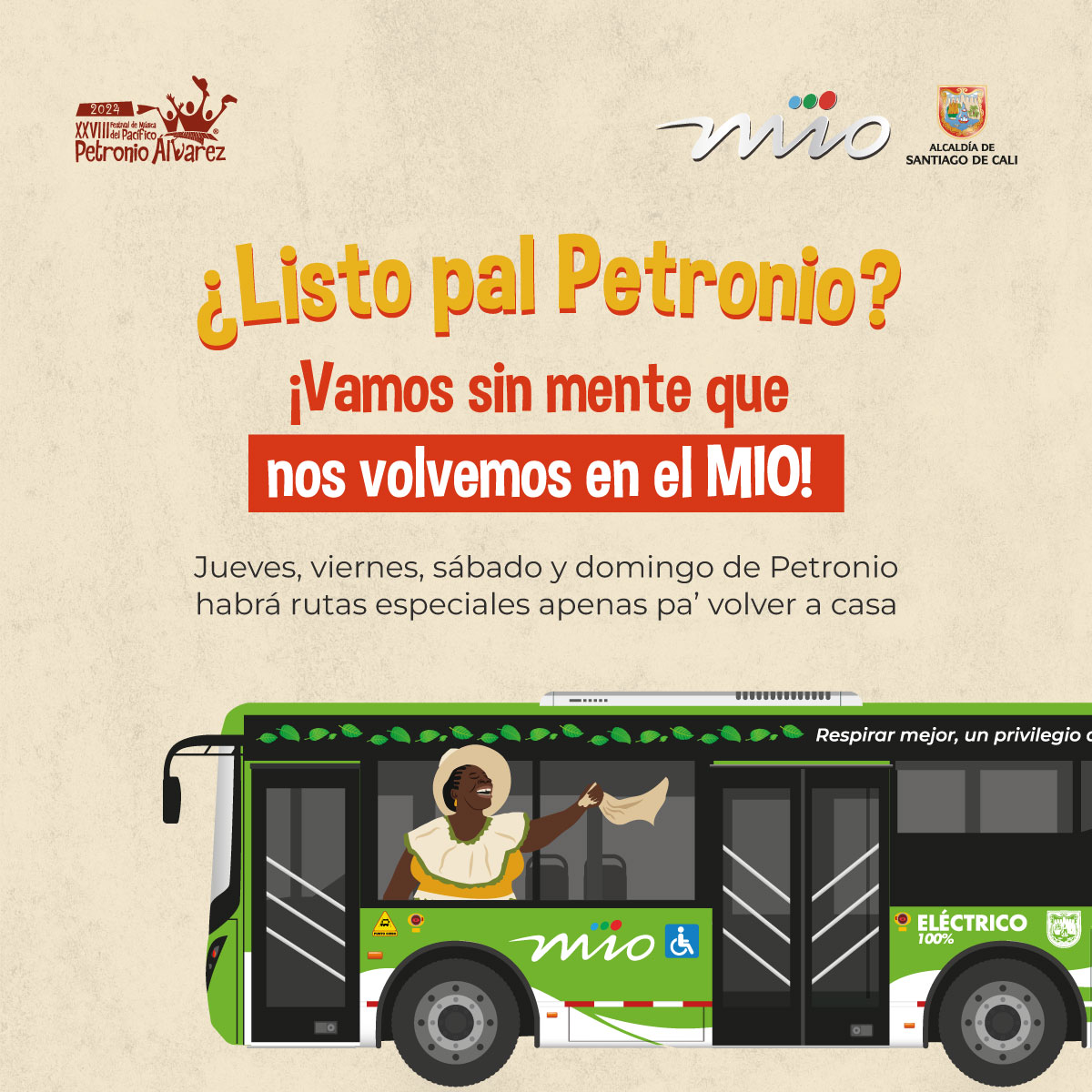 Pieza gráfica que invita a movilizarse en el MIO para ir a Petronio. Se ve un bus alimentador del MIO.