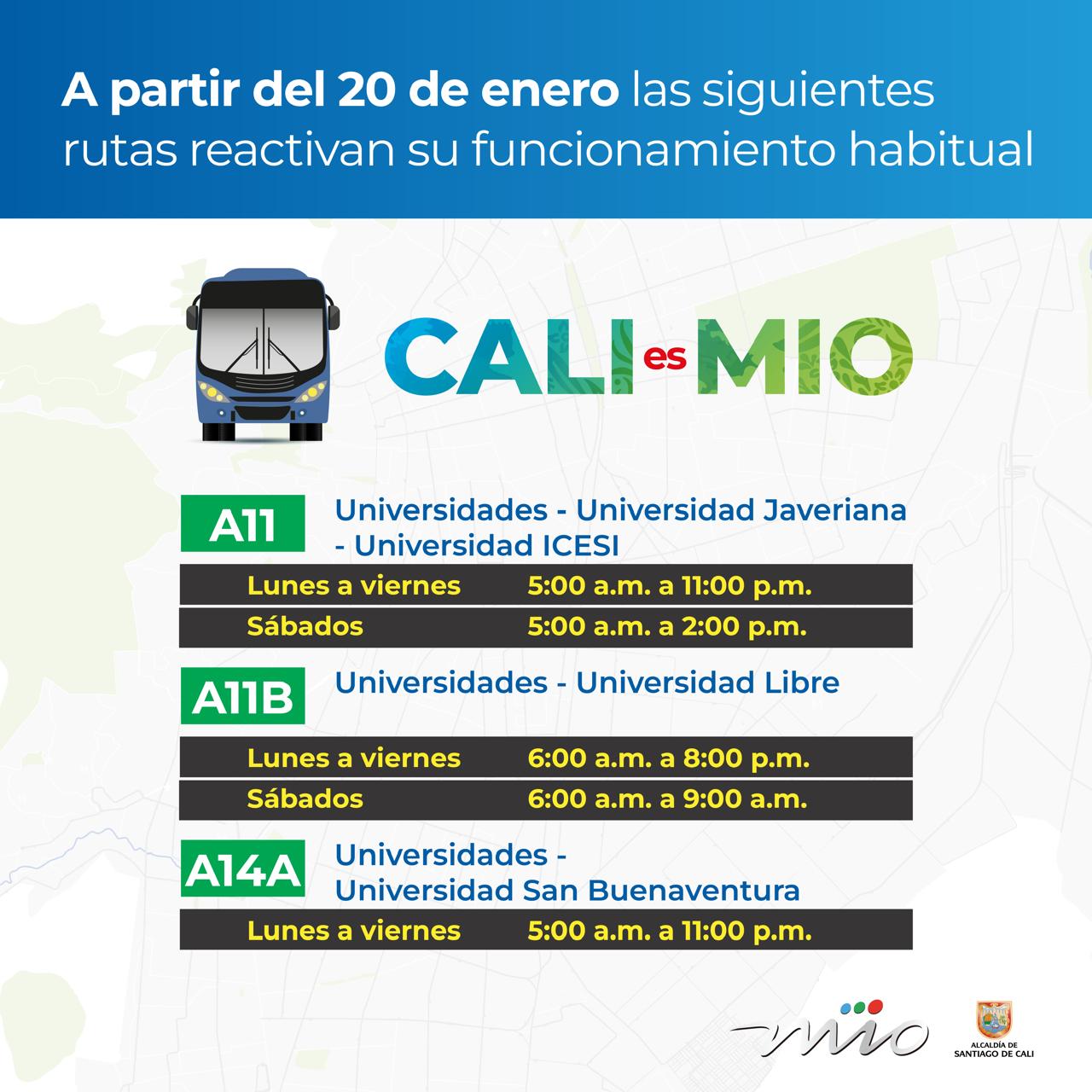 Pieza gráfica donde se ve el horario de las rutas A11, A11B y A14A.