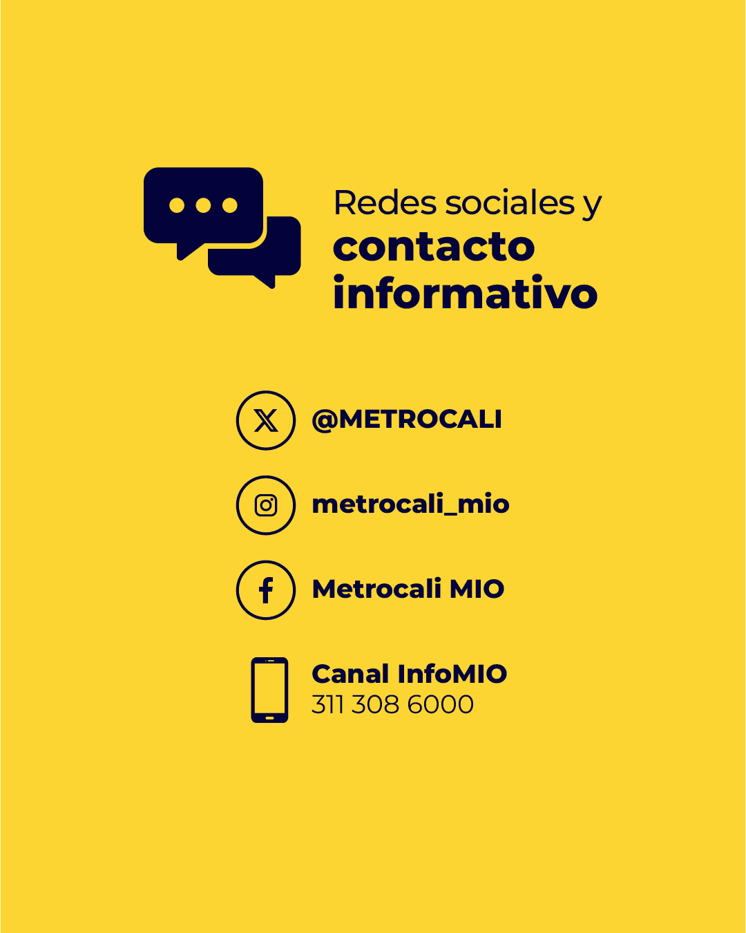 Imagen con fondo amarillo que muestra las redes sociales y el contacto informativo de MIO. Se listan las cuentas de X (@METROCALI), Instagram (metrocali_mio), Facebook (Metrocali MIO) y el número del Canal InfoMIO (311 308 6000).