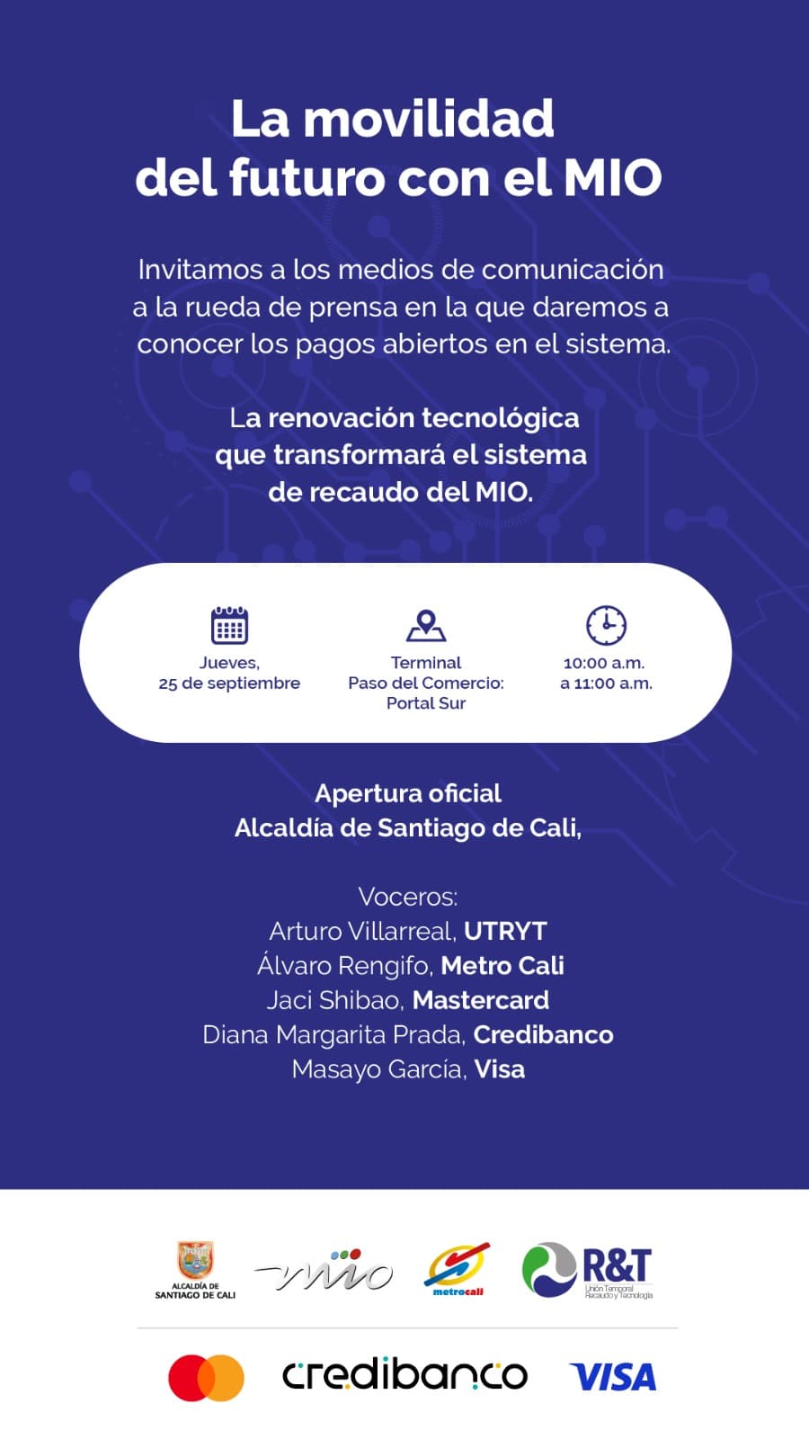 Invitación a la conmemoración de los 10 años del MIO Cable y a la presentación del vehículo aéreo "EL FÉNIX". El evento se realizará el miércoles 17 de septiembre de 2025 a las 8:00 a.m. en la Estación Tierra Blanca. La imagen tiene una foto de las cabinas del MIO Cable en la parte superior e incluye los logos de SKYCable, MIO, Metrocali y la Alcaldía de Cali.