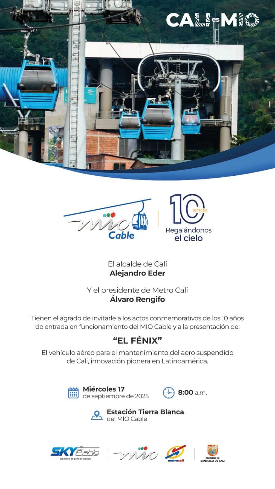 Invitación a la rueda de prensa "La movilidad del futuro con el MIO", sobre la renovación tecnológica del sistema de recaudo. El evento será el jueves 25 de septiembre, de 10:00 a 11:00 a.m., en la Terminal Paso del Comercio. Se listan los voceros de UTRYT, Metro Cali, Mastercard, Credibanco y Visa, y se muestran los logos de las entidades organizadoras.