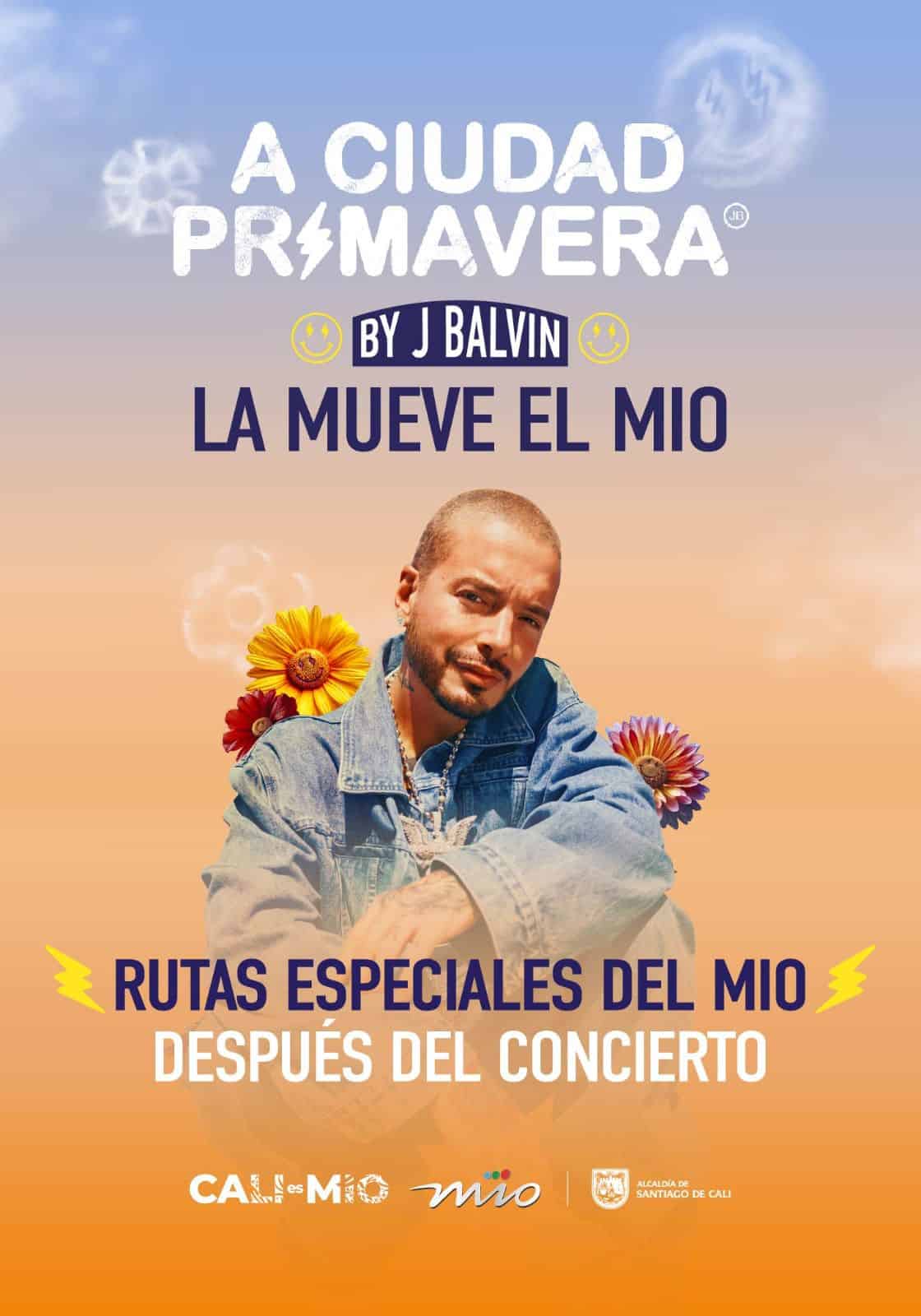Foto en la que aparece J Balvin y un mensaje de rutas especiales disponibles después del concierto en Cali.