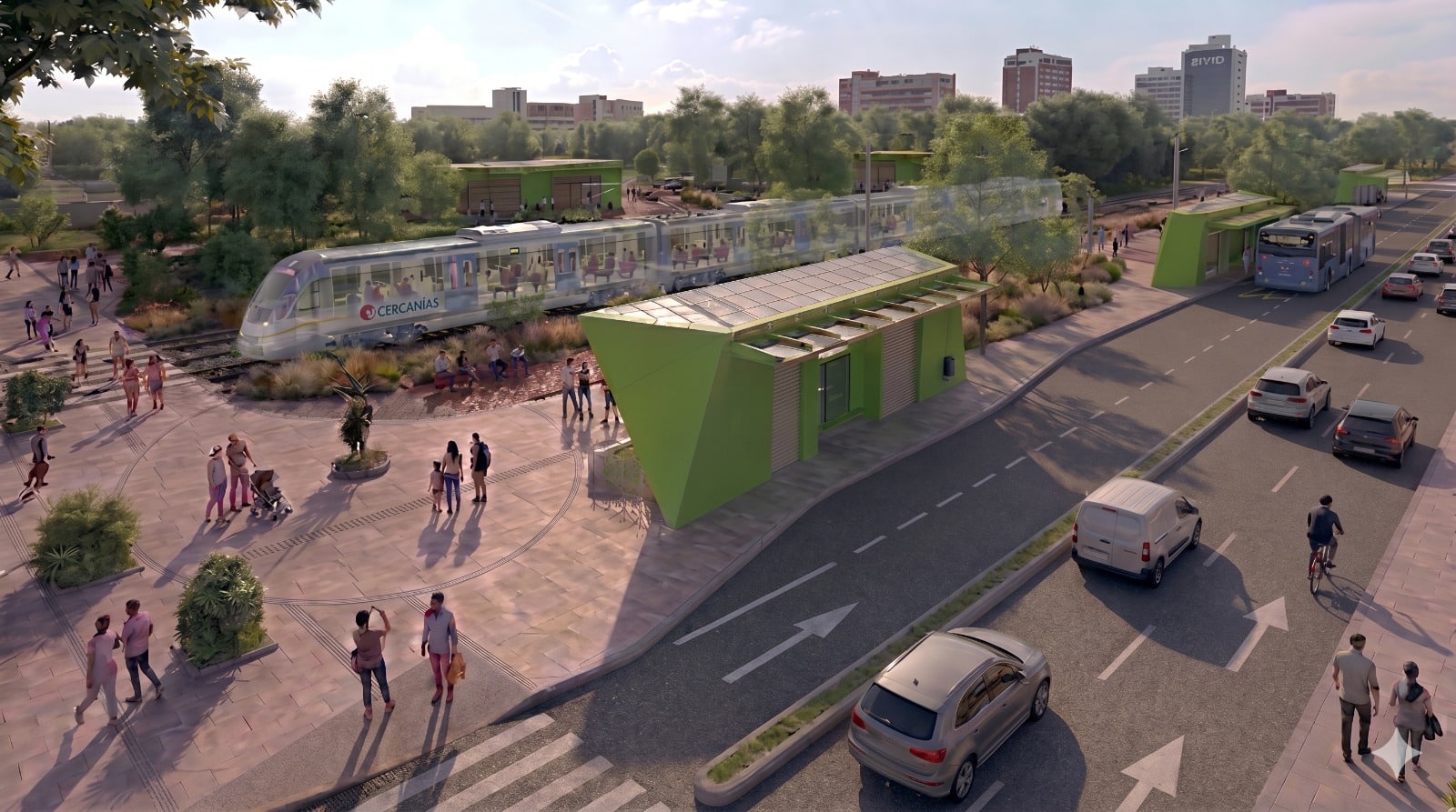 Foto realizada con inteligencia artificial donde se ve las estaciones de la Troncal tramo 3, personas alrededor, buses del MIO y el futuro Tren de Cercanías.