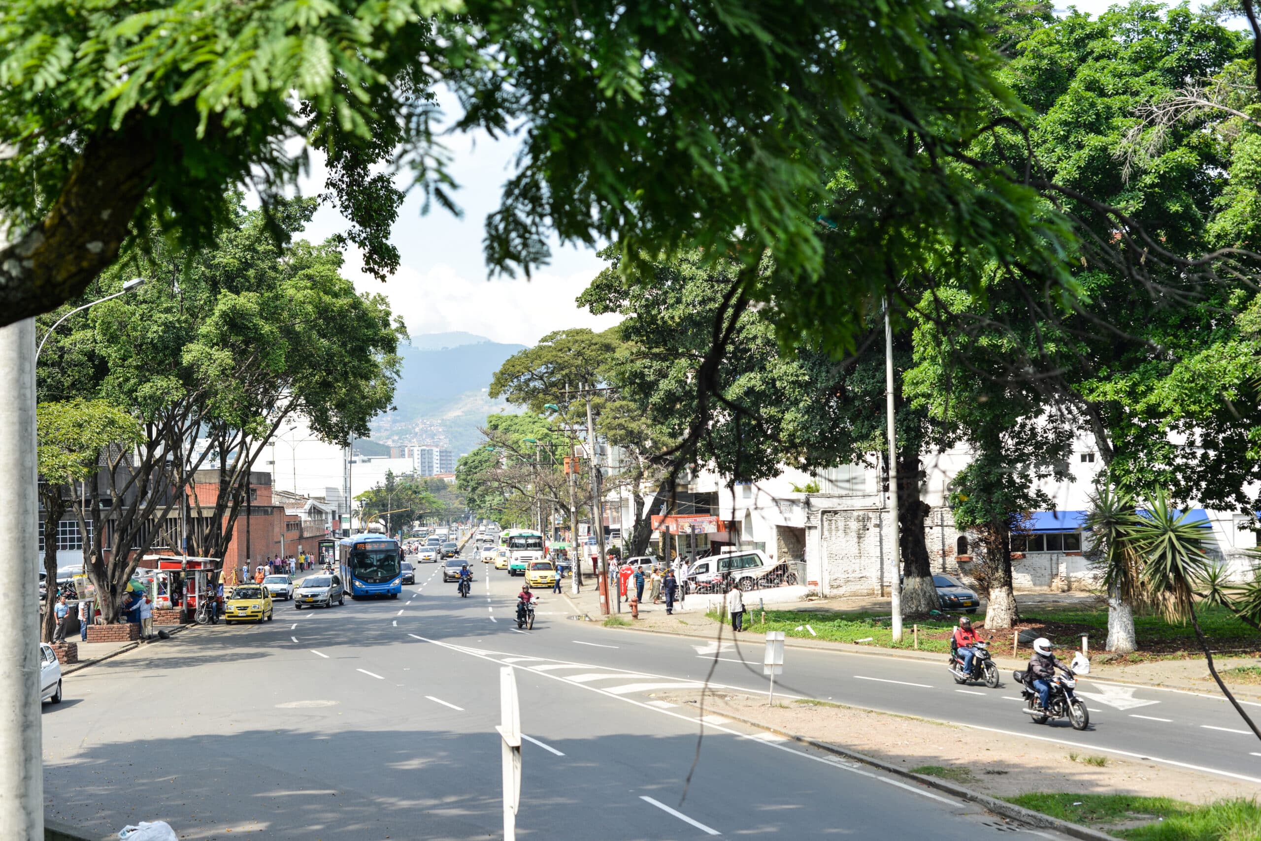 Foto en la cual se ve una vía principal con varios vehículos y un bus del MIO transitando por el lugar.