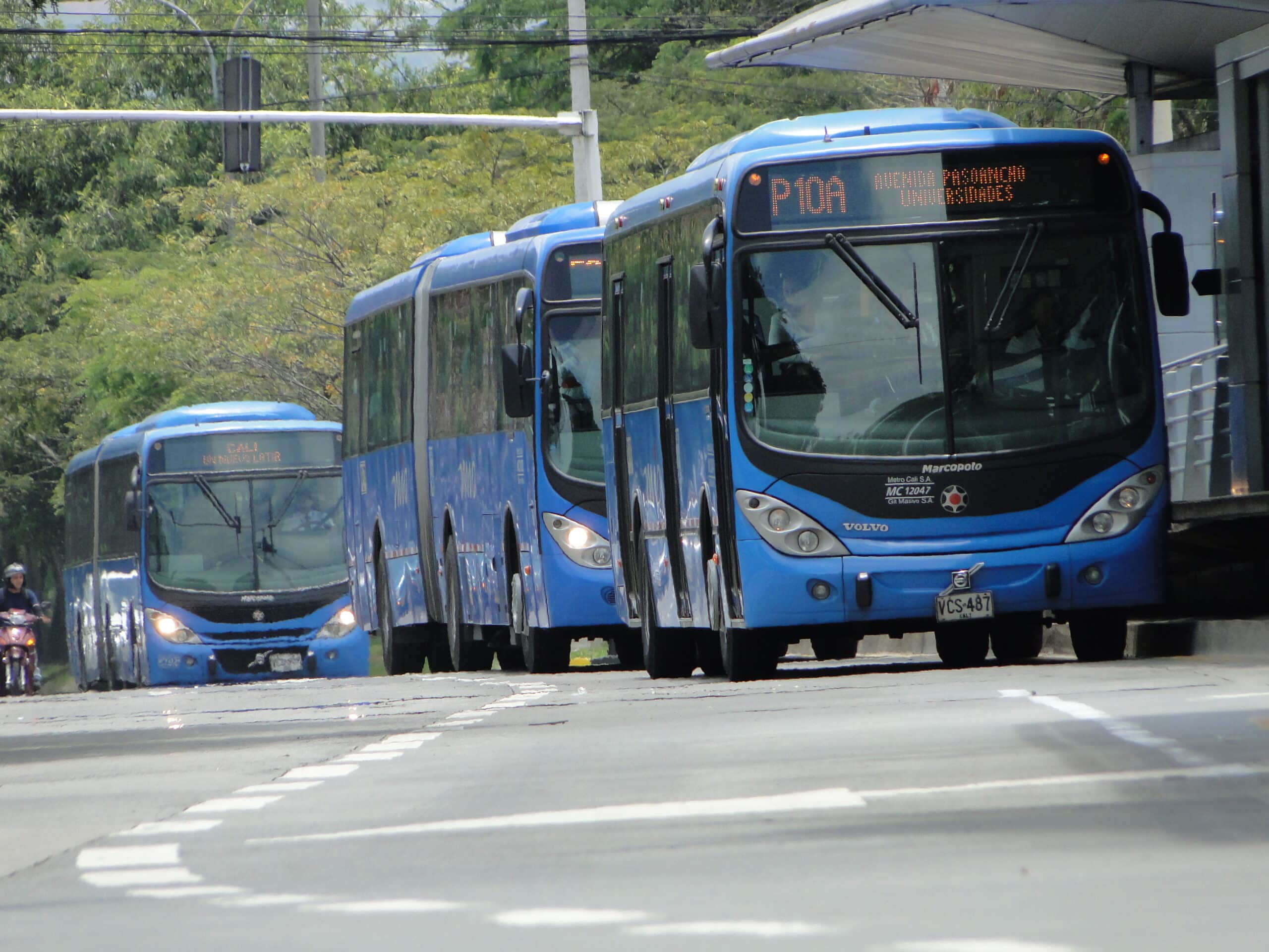 Foto donde se ven varios buses del MIO en la vía.