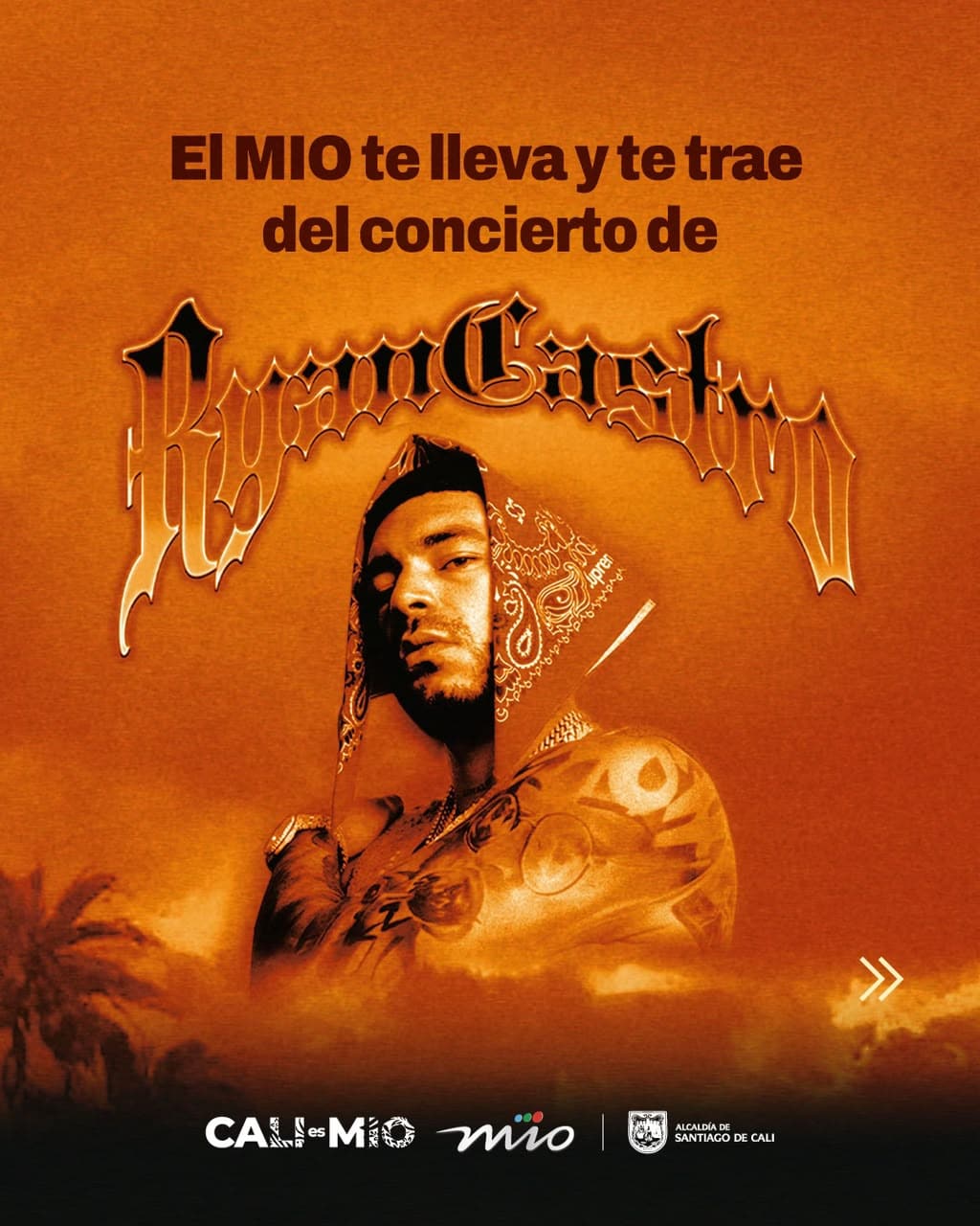 Foto en la cual se ve el rostro del cantante Ryan Castro y texto que dice: El MIO te lleva y te trae del concierto.